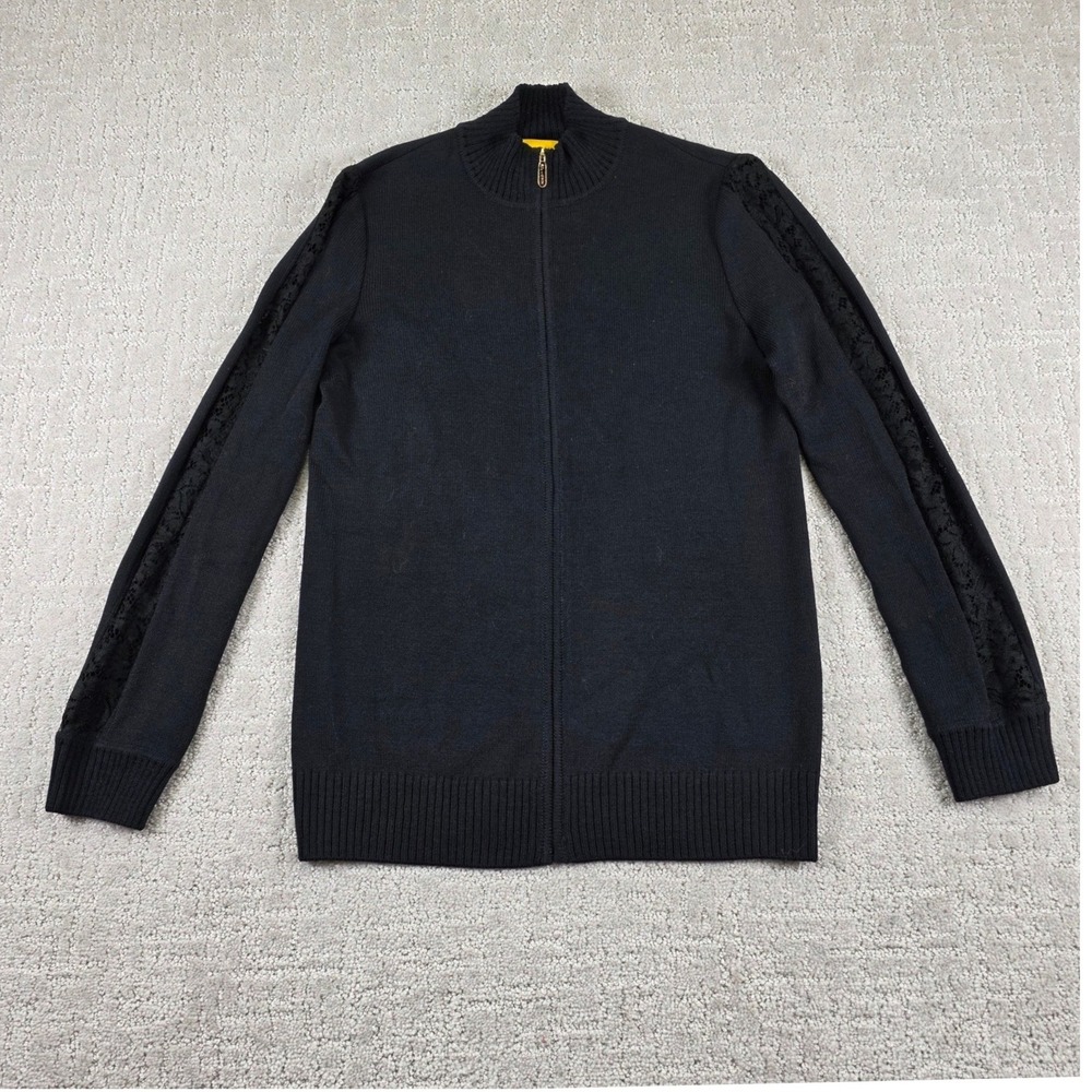 St. John Black Wool Blend Lace Sleeve Full Zip Cardigan Sweater Mock Neck Small